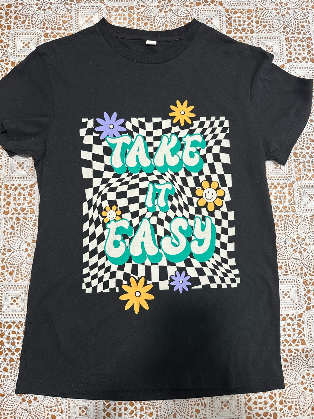 Take It Easy Graphic Tee Black Checkerboard Daisy Shirt Size Medium